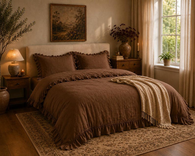 Dark Brown Ruffled Duvet Cover | Cottagecore Bedding Set | Romantic Bedroom Decor | Bedding with King size | Vintage Style Bedding ~ thumbnail 2