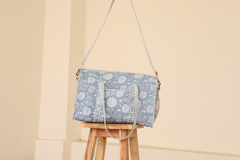 Dusty Blue Cotton Duffel Bag – Hand block Travel Weekender / Stylish Weekend Carryall / Everyday Travel Companion / Soft Cotton Duffel thumbnail 3