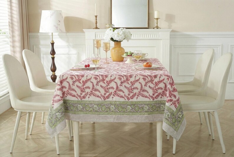 Pink Floral Block Print tablecloth, Cotton Table Cover, Rectangle Table Cloth, Christmas Table Cloth, Garden Party and wedding Tablecloth thumbnail 4