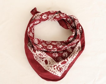 Hand Block Printed Cotton Bandana: Red Floral Boho Scarf | Eco-Friendly Head Wrap | Boho Hair Accessory Gift for Her