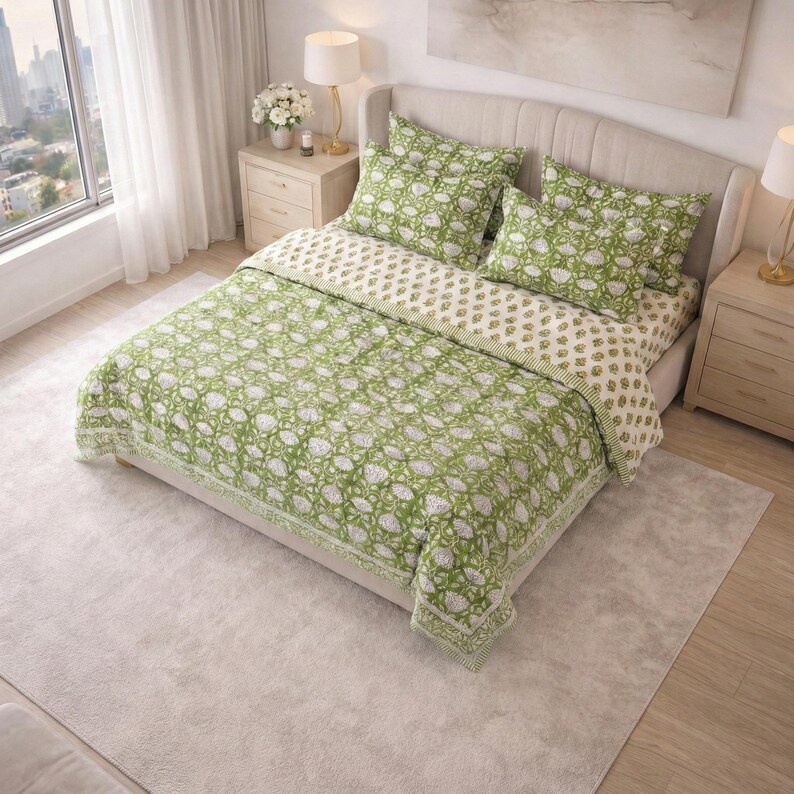 Green Floral Block Print Duvet Cover,Hand Block Printed Cotton Bedding, Botanical Indian Quilt Cover, Bedroom Decor | Elegant Floral cover thumbnail 3