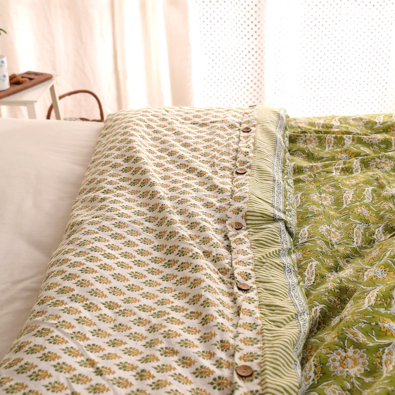 Hand Block Print Quilt Cover, Comforter Cover Set Printed Fabric Quilt Cover Set, Green Floral cotton Quilt Cover Set cotton Quilt Cover thumbnail 4