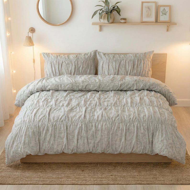 Light Gray Cotton Cover Set,Wrinkle Duvet Cover,Boho Queen King Twin Dorm Bedding Set, Vintage Textured Bed Cover,Breathable Comforter Cover thumbnail 4