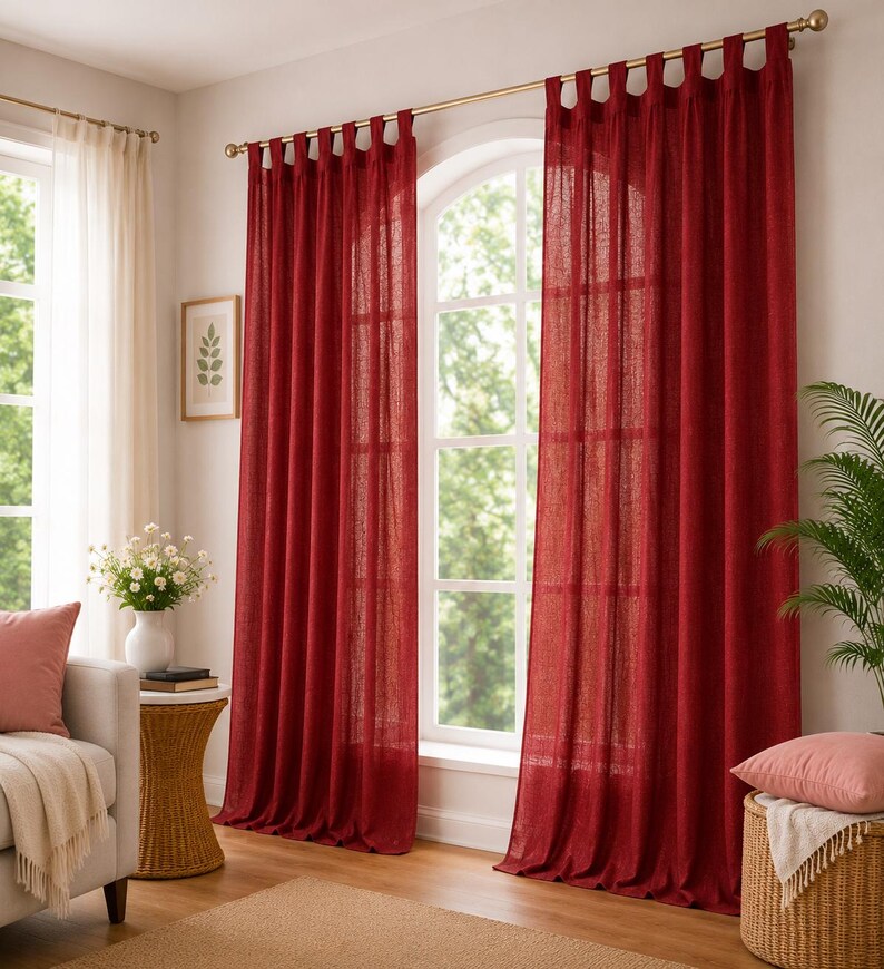 Burgundy Linen Curtains | Tab Top Window Drapes | Elegant Farmhouse Curtain Panels | Light Filtering Bedroom & Living Room Curtains thumbnail 4
