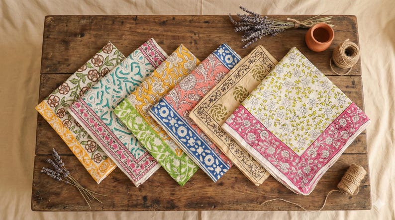 Hand printed Cotton bandana, Organic Cotton Bandana Set of 6 : Block Printed Neckerchiefs, Vintage Print Head & Neck Wrap, Summer Bandana thumbnail 3