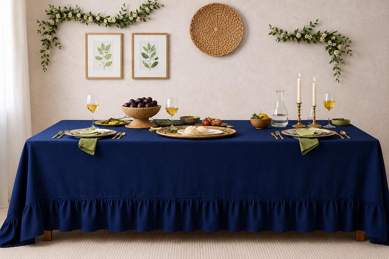Navy Blue Tablecloth,Linen Table Cover,Farmhouse Dining Table Cover,Rustic Wedding & Holiday Table Linen Decor,Rustic Linen Table Cover thumbnail 3