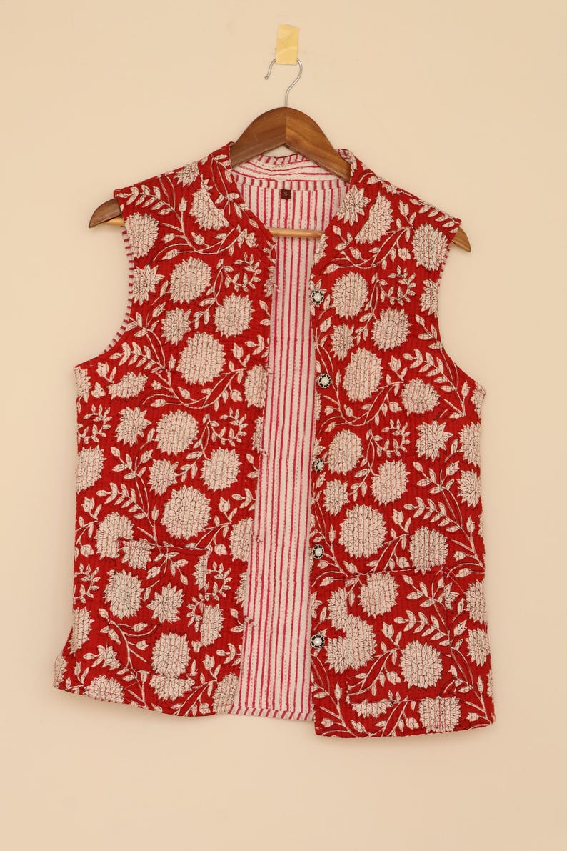 Red White Cotton quilted women reversible fashion jacket coat Floral women girls jacket winter summer boho long Jacket | gift for her thumbnail 4