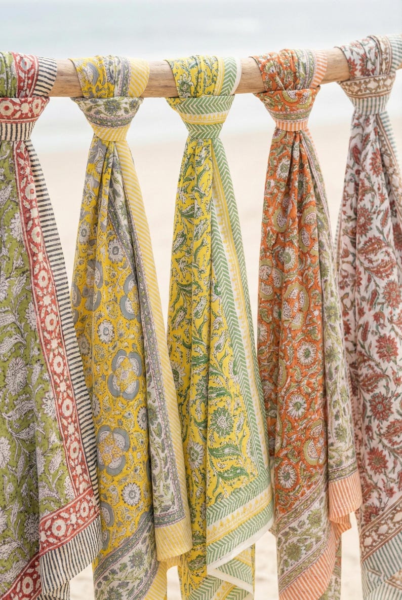 Set of 5 Cotton Block Print Sarongs | Handmade Beach Wrap Pareo | Lightweight Summer Scarf | Birthday Perfect Gift | Resort & Beach Wear thumbnail 2
