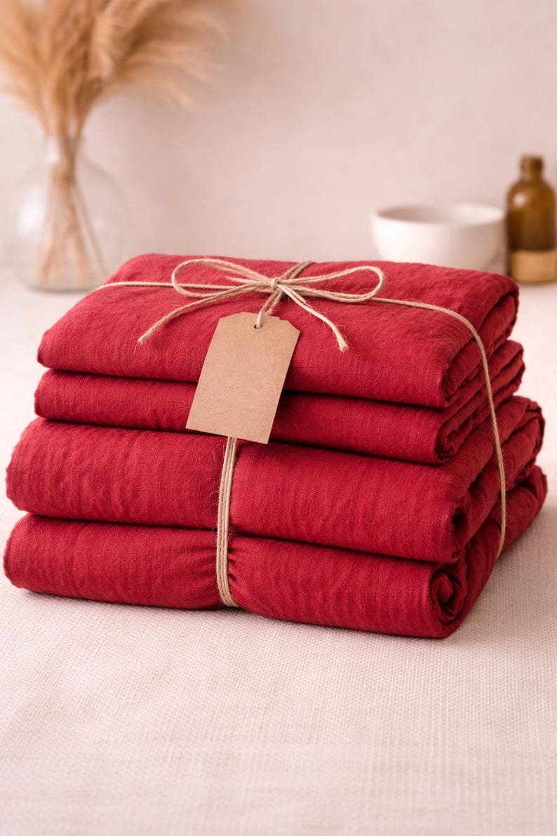 Burgundy Linen Duvet Cover Set – Soft Washed Minimal Bedding, Modern Minimal Style, King Size Queen Bedding Size Cover,Washed Bedding thumbnail 3