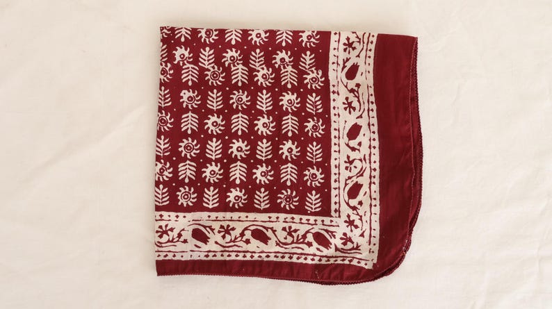 Hand Block Printed Cotton Bandana: Red Floral Boho Scarf | Eco-Friendly Head Wrap | Boho Hair Accessory Gift for Her thumbnail 3