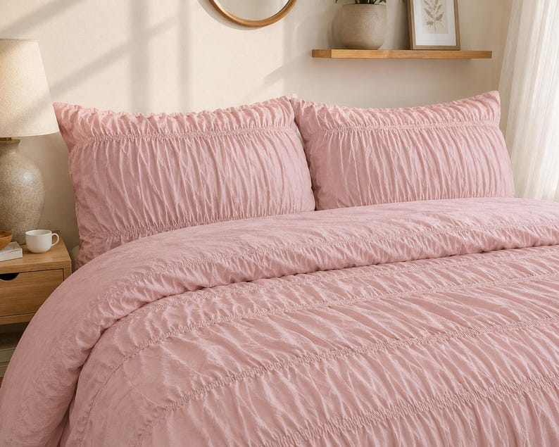 Blush Pink Ruched Linen Duvet Cover Set, 100% Washed Flax Linen Bedding, Gathered Comforter Cover, Soft Luxury Bedding, All Size Duvet Cover thumbnail 3