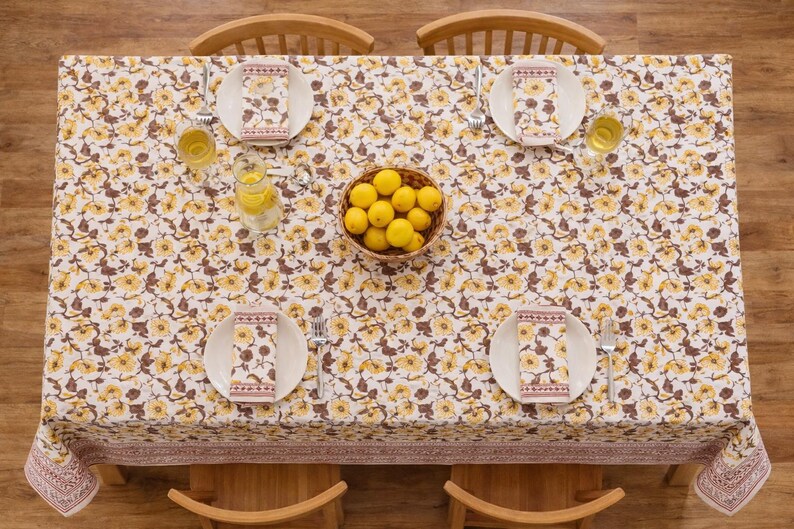 Hand Block Cotton Tablecloth – Yellow Floral Table Cover with Traditional Border, Wedding Cotton Tablecloth – Anniversary Table Decor thumbnail 4