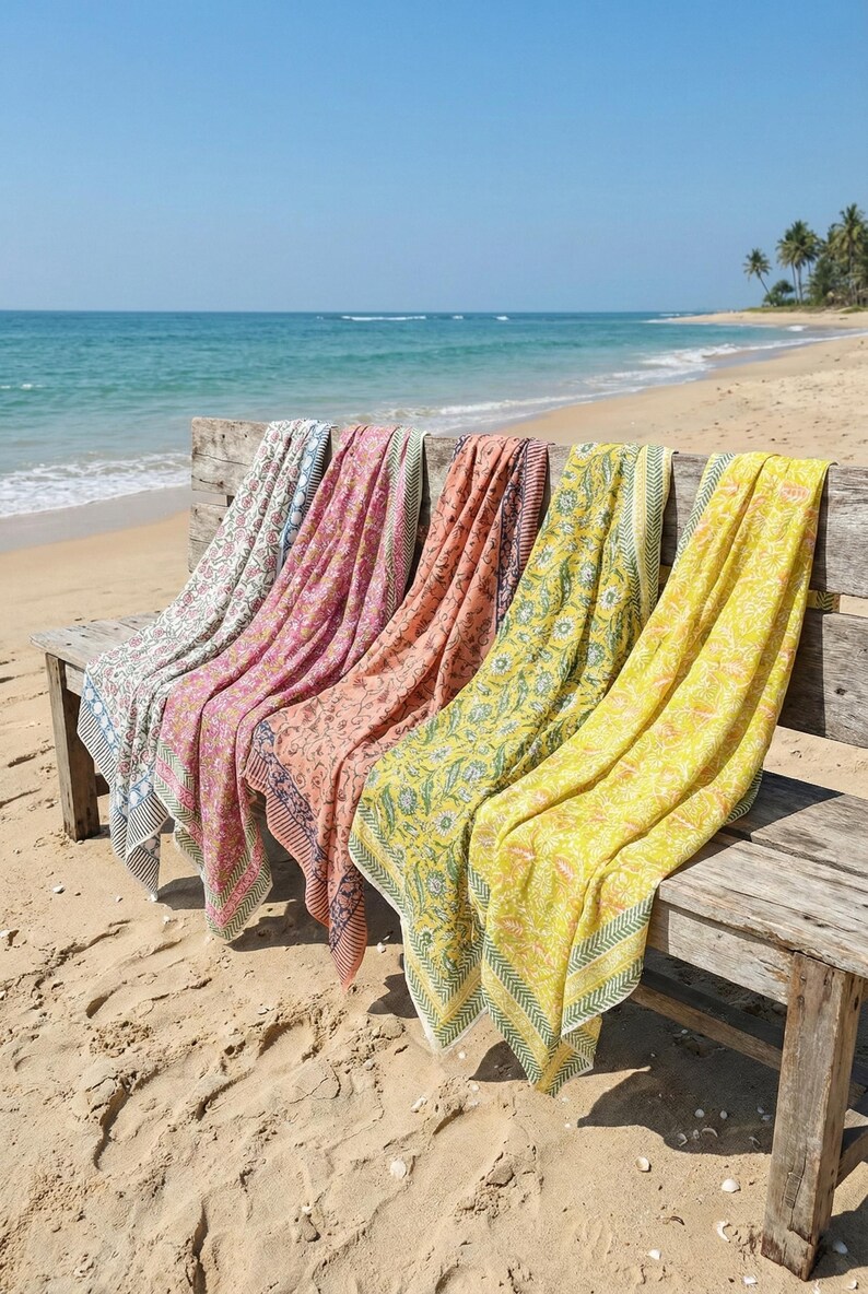 Set of 5 Handcrafted Cotton Sarongs | Artisan Block Print Pareos | Soft Lightweight Beach Wraps | Birthday Perfect Gift, Vacation Cover-Ups thumbnail 2