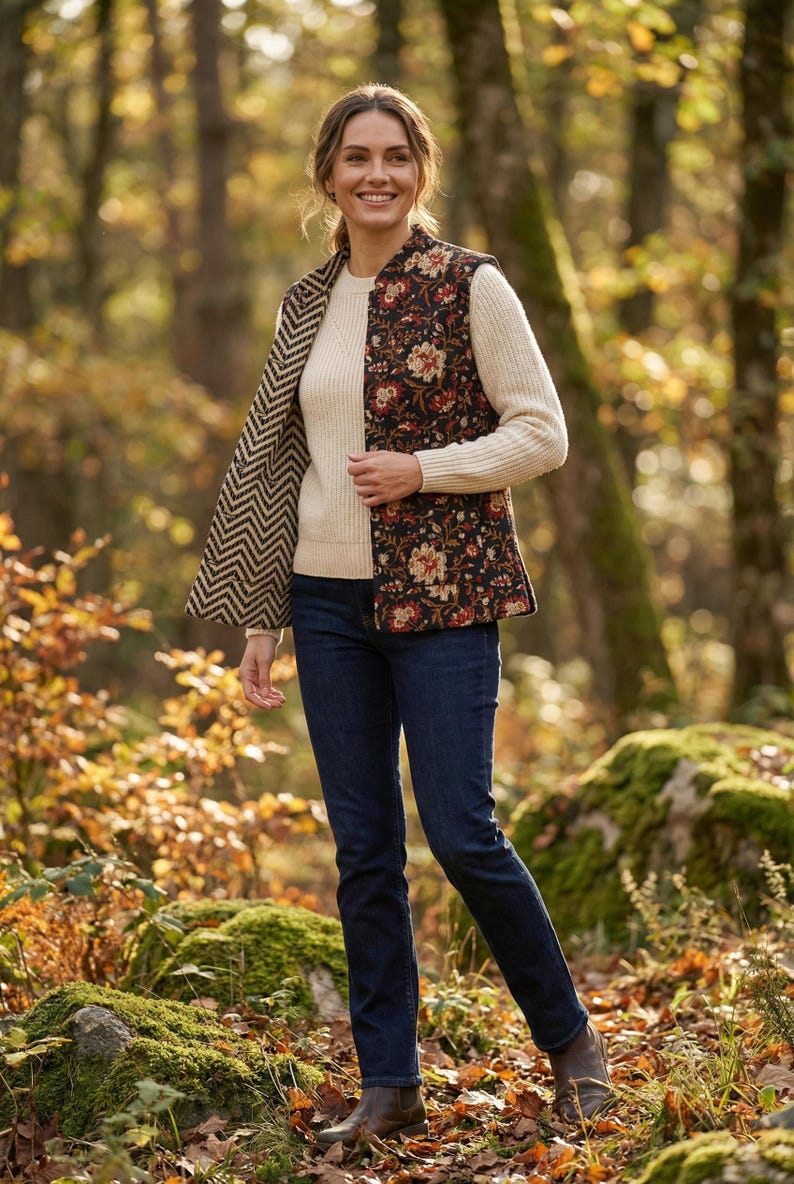 Floral Quilted Jacket for Women – Vintage Print Sleeveless Cotton Vest, Cozy Autumn Winter Layering Jacket, Perfect for Travel & Work Wear thumbnail 2
