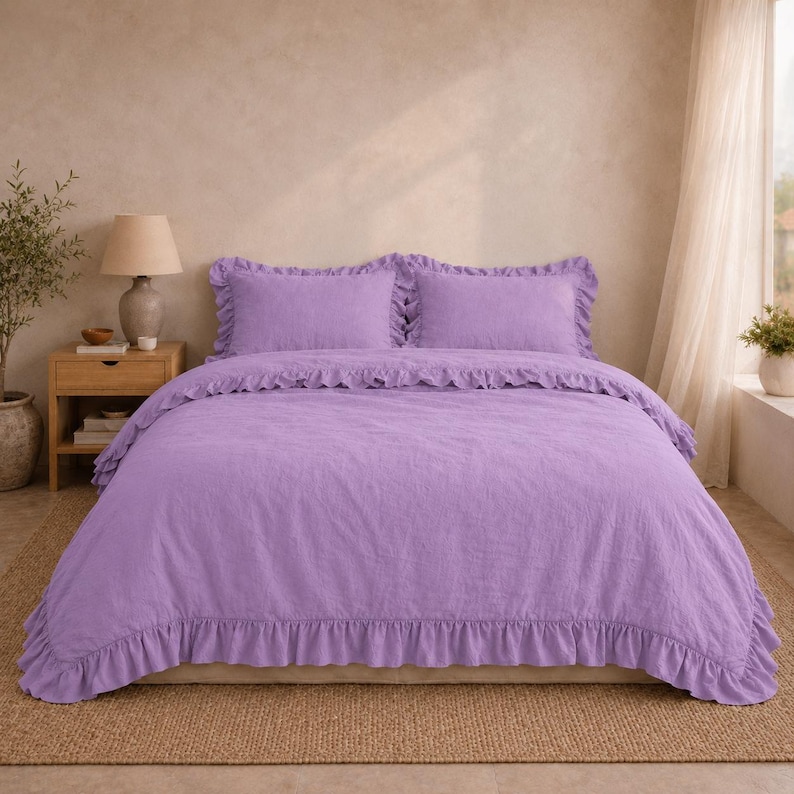 Lavender Linen Ruffle Duvet Cover Set,Soft Washed Linen Bedding with Romantic Bedspread,Luxury Bedroom Decor Gift for Her,with pillowcover thumbnail 3