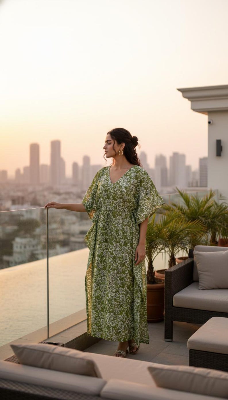 Olive Green Floral Cotton Kaftan – Boho Beach Cover Up Dress Beach Cover up Sleepwear Indian Kaftan Maxi Dress Bikini Cover Up Cafta thumbnail 2