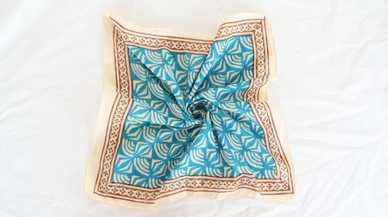Hand Block Printed Cotton Bandana: Blue Floral Geometric Scarf | Natural Cotton Scarf | Boho Bandana for Hair, Neck, Pet, Gift for Her thumbnail 2