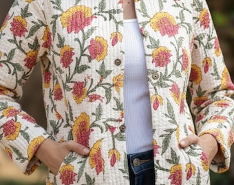 Floral Quilted Cotton Jacket for Women – Lightweight Block Print Jacket, Vintage Inspired Layered Coat with Pockets | Everyday Boho Jacket