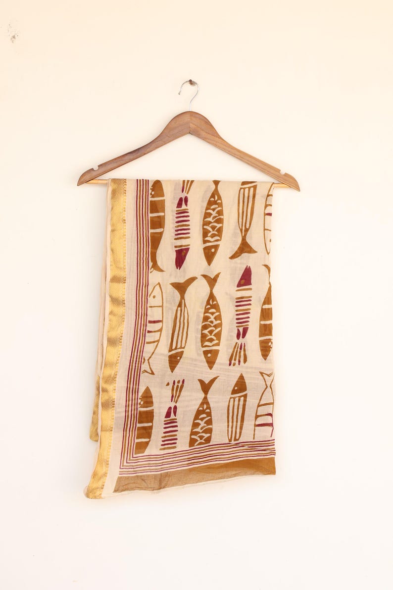 Beach Wrap Sarong with Hand Printed Fish & Zari Border, Sarong with Zari Border, Wrap Skirt, Scarf, Beach Cover Up | Perfect Gift For Her thumbnail 4