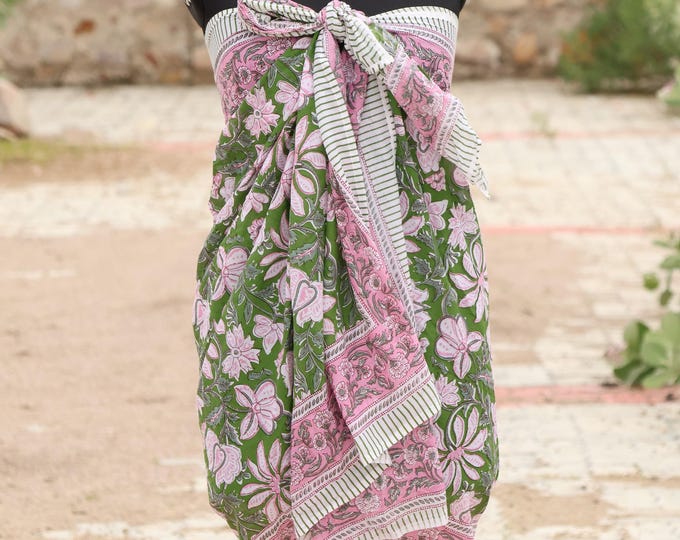 Hand Block Print Cotton Sarong: Boho Beach Cover-Up, Lightweight Hand Block Printed Beach Cover Up | Sustainable Boho Resort Outfit |