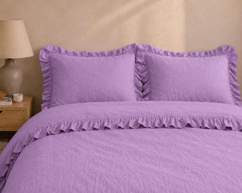 Lavender Linen Ruffle Duvet Cover Set,Soft Washed Linen Bedding with Romantic Bedspread,Luxury Bedroom Decor Gift for Her,with pillowcover thumbnail 4