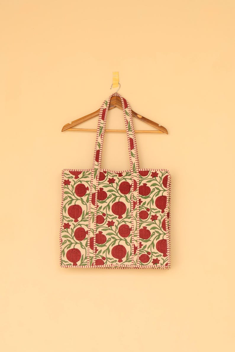 Cotton Quilted Tote Bag, Boho Floral Hand Block Printed Shopping Bags, Beach Bag, Travel and Shoulder Tote Bags, Women Gifts, Sustainable thumbnail 5