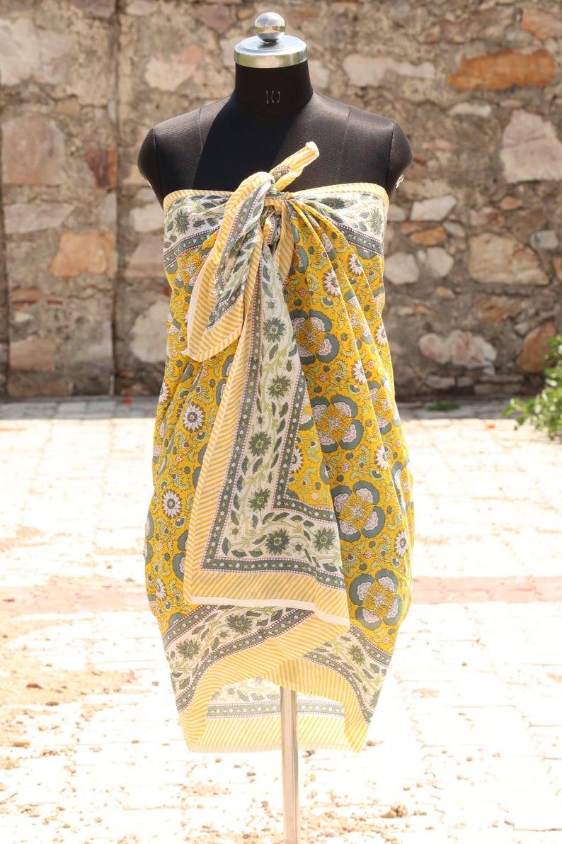 Floral Block Print Cotton Sarong: Handmade Boho Beach Wrap, Floral Beach Wrap, Eco Friendly Wear, Lightweight Travel Sarong summer Scarf thumbnail 3