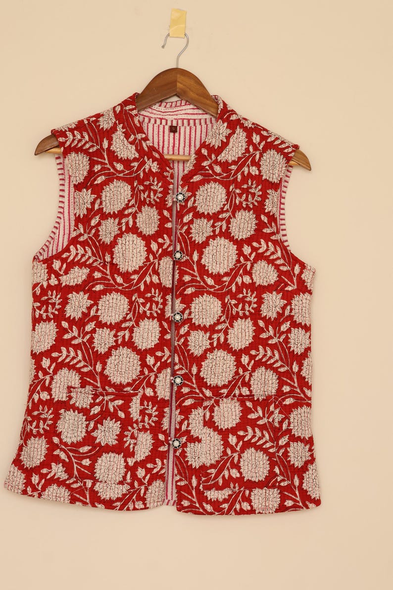 Red White Cotton quilted women reversible fashion jacket coat Floral women girls jacket winter summer boho long Jacket | gift for her thumbnail 5