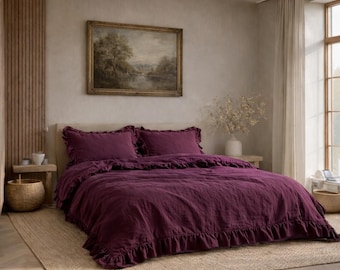 Plum Linen Duvet Cover Set with Romantic Ruffles, Comforter Cover Duvet Set pillow Quilt Cover,King Queen Bedding Set Linen Bed Cover