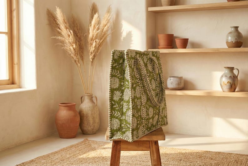 Boho Cotton Tote Bag | Handcrafted Printed Shoulder Bag, Market & Grocery Bag, Gift Bag for Her | Everyday Use Shopping / Travel Bag thumbnail 2