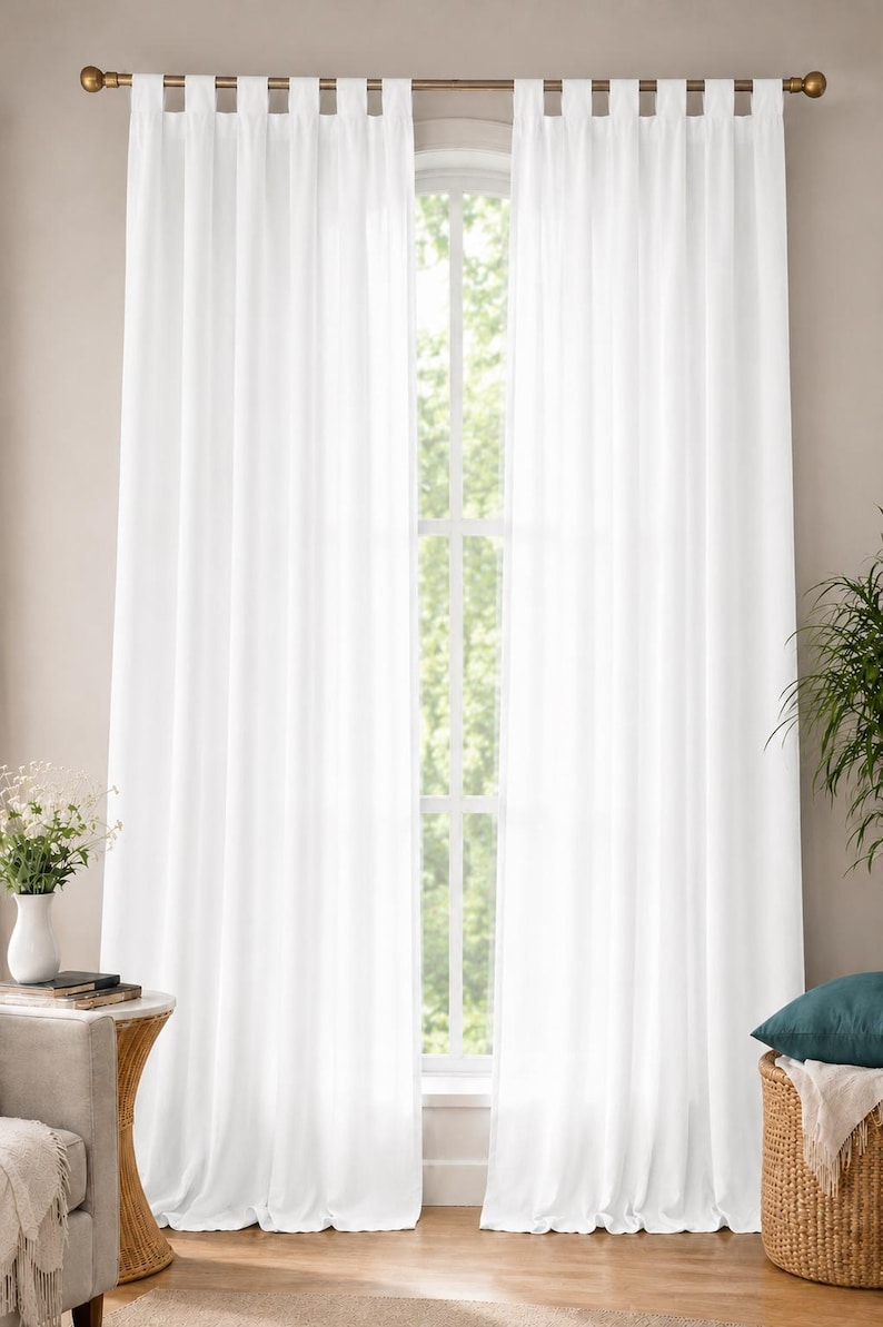 White Linen Curtains | Tab Top Window Drapes | Elegant Farmhouse Curtain Panels | Light Filtering Bedroom & Living Room Curtains thumbnail 3