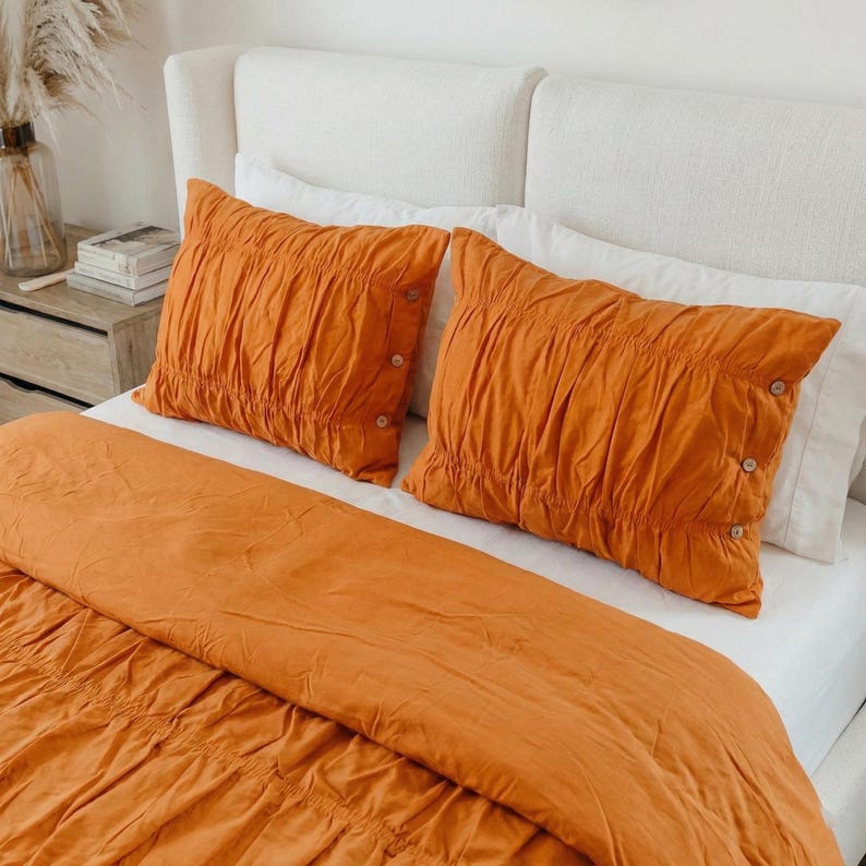 Redwood Wrinkled Cotton Duvet Cover Set, Ruched Textured Bedding, Soft Solid Color Comforter Cover, Modern Decor, Warm Earthy Bedroom Style thumbnail 2