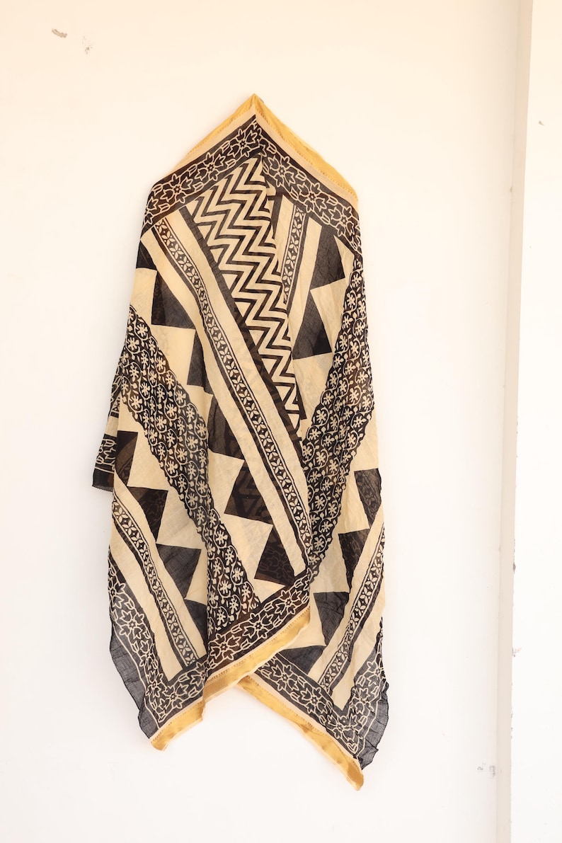 Block Printed Cotton Sarong with Zari Border | Black Beige Geometric Beach Wrap | Handcrafted Cotton Beach Wrap, Wrap Skirt, Scarf, Cover Up thumbnail 4