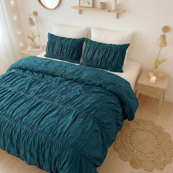 Teal Blue Color Cotton Wrinkle Quilt Cover Boho King Queen Full Quilt Cover Cozy Dorm Bedding Comforter Cover, Bohemian Quilt Cover