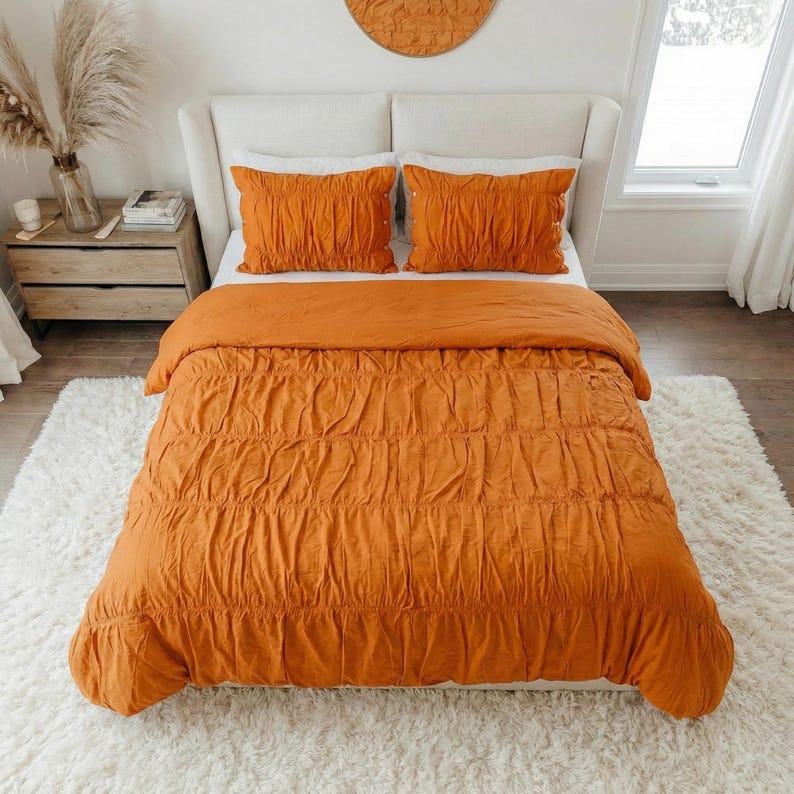 Redwood Wrinkled Cotton Duvet Cover Set, Ruched Textured Bedding, Soft Solid Color Comforter Cover, Modern Decor, Warm Earthy Bedroom Style thumbnail 3