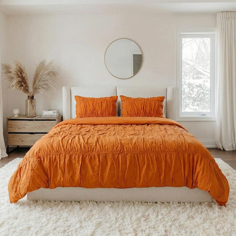 Redwood Wrinkled Cotton Duvet Cover Set, Ruched Textured Bedding, Soft Solid Color Comforter Cover, Modern Decor, Warm Earthy Bedroom Style thumbnail 4