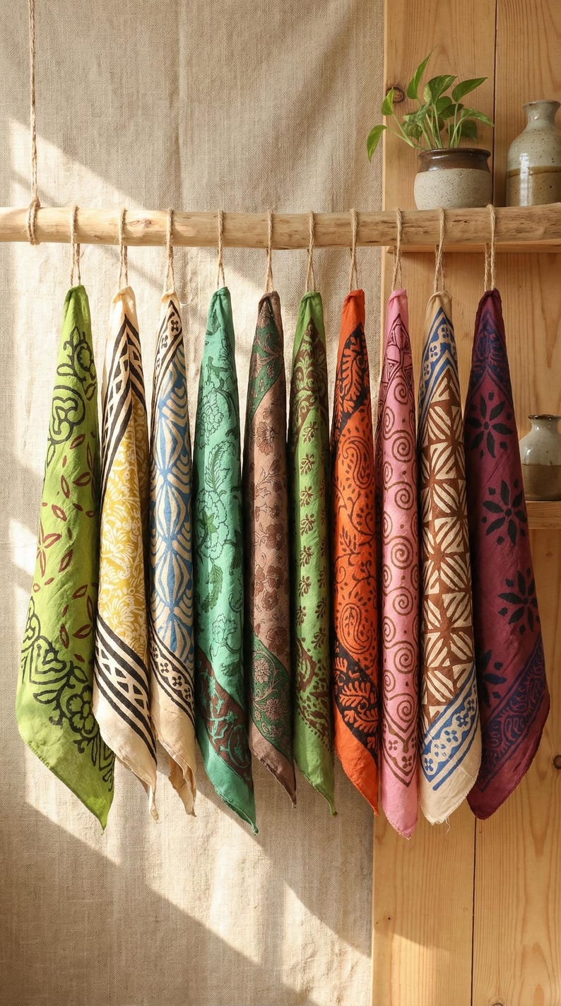 Set Of 10 Colorful Hand Block Printed Cotton Bandana, Sustainable Neck Scarves, Summer Bandana, Hair Accessories, Beach Bandana,Gift For Her thumbnail 2