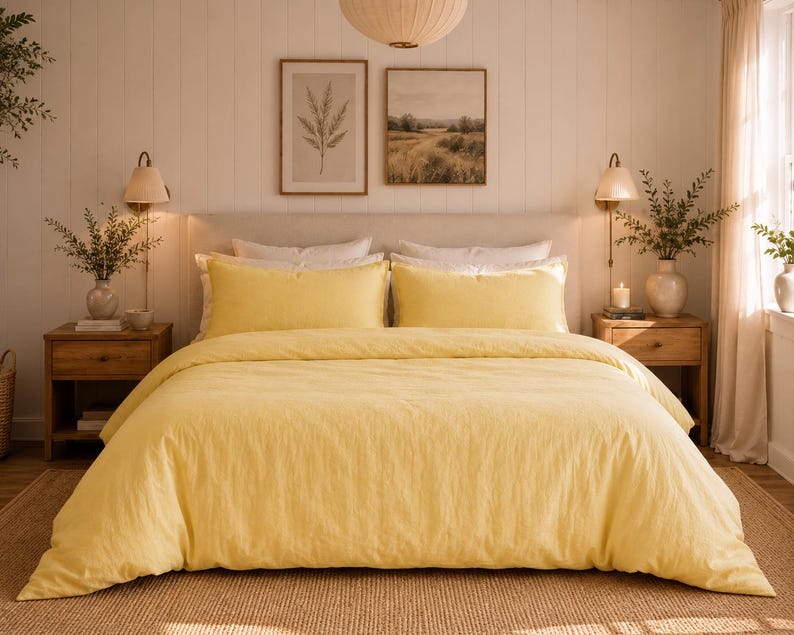 Pastel Yellow Linen Duvet Cover Set, 100% Washed Flax Linen Bedding, Soft Breathable Comforter Cover,Farmhouse Bedroom Decor,Queen King Twin thumbnail 2