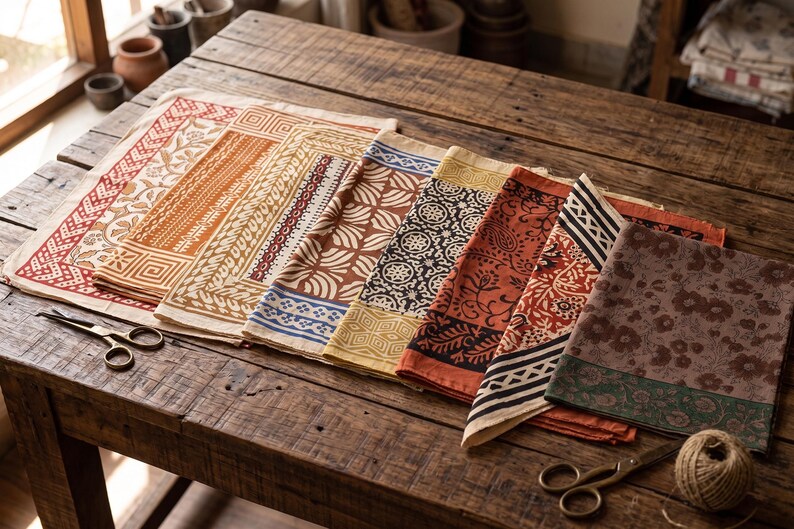 Set of 7 Hand Block Print Bandanas, Cotton Bandana Bundle, Boho Head Scarf Set, Floral & Geometric Print Bandanas,Unisex Neck Scarf Gift Set thumbnail 2