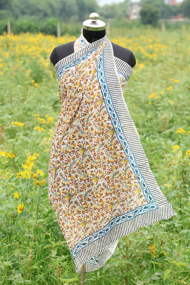 Floral Block Print Cotton Sarong: Handmade Boho Beach Cover-Up, Floral Beach Wrap, Eco Friendly Resort Wear, Lightweight Sarong summer Scarf thumbnail 3