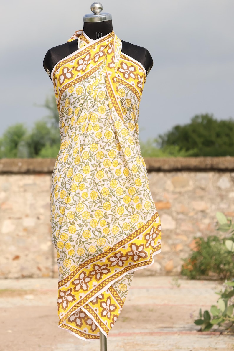 Boho Floral Block Print Sarong | Natural Cotton Beach Pareo | Lightweight Cover Up Wrap | Beach Cover Up, Scarf, Shawl, Skirt, Head Wrap thumbnail 3