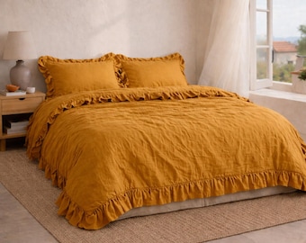 Juego de funda nórdica con volantes de lino amarillo mostaza – Ropa de cama suave lavada, estilo rústico romántico, juego de ropa de cama King Queen, funda nórdica de lino para cama /