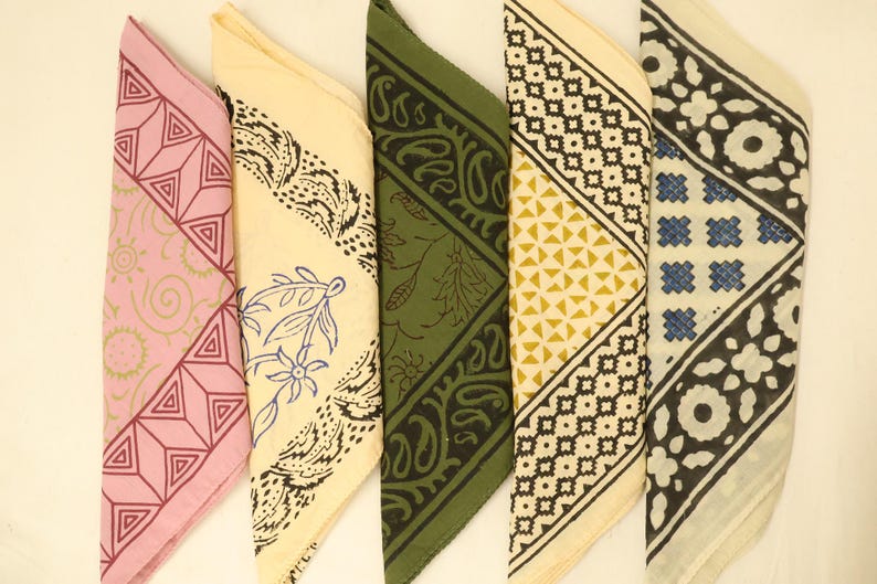 Organic Cotton Bandana Scarves Set: Hand Block Print, Boho Hair Wrap | Handmade, Eco-Friendly, Hair Wrap, Gift for Her, Boho Accessories thumbnail 5