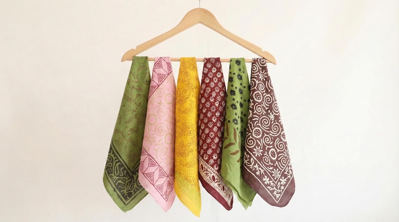 Set of 6 cotton Bandana Scarves, Foulard, Neckerchief, Necktie Face Mask, Hijab,Hand Made Gift for Her | yoga Headband and Bandana thumbnail 2