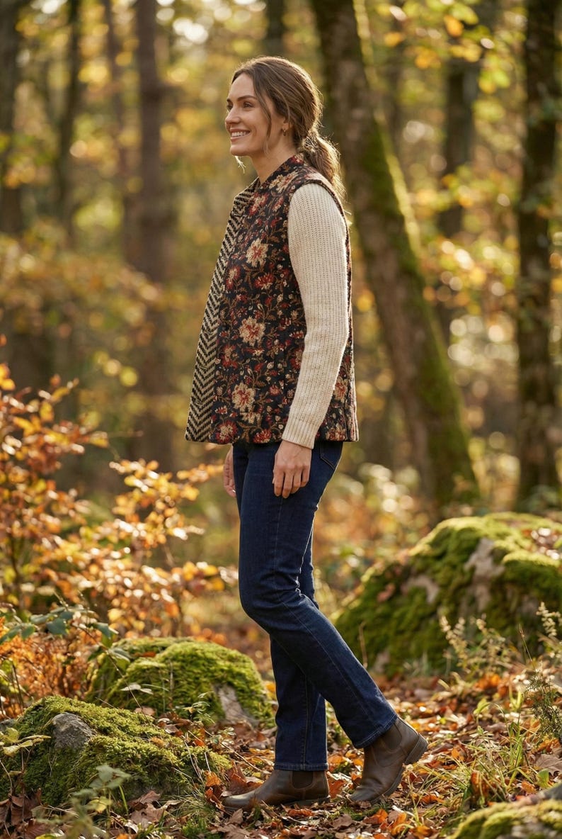 Floral Quilted Jacket for Women – Vintage Print Sleeveless Cotton Vest, Cozy Autumn Winter Layering Jacket, Perfect for Travel & Work Wear thumbnail 3