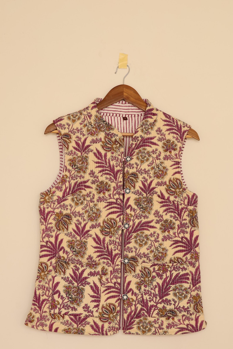 Hand Block Printed Cotton Jacket | Sleeveless Floral Quilted Vest | Ethnic Layering Jacket, Boho bridesmaid gift for her, Jacket for Women thumbnail 4