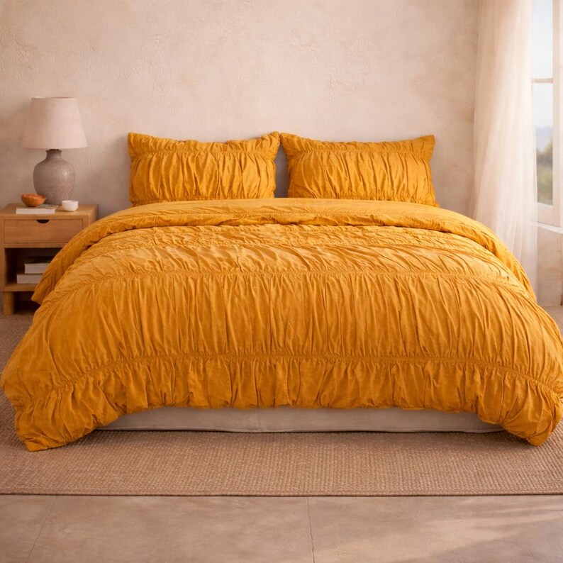 Mustard Yellow Duvet Cover Set – Soft Washed Cotton Ruffle Bedding,Duvet Cover Set with Pillow Cover Minimalist Bedroom Decor, Gift For Her thumbnail 2