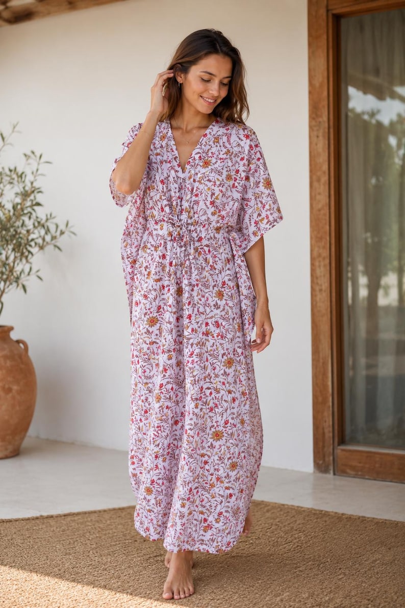 Boho Floral Kaftan Dress, Hand Block Printed Cotton Maxi Kaftan,Pink white Resort Wear, Gift for Her, Relaxed Fit Maxi Dress,Summer Cover Up thumbnail 2