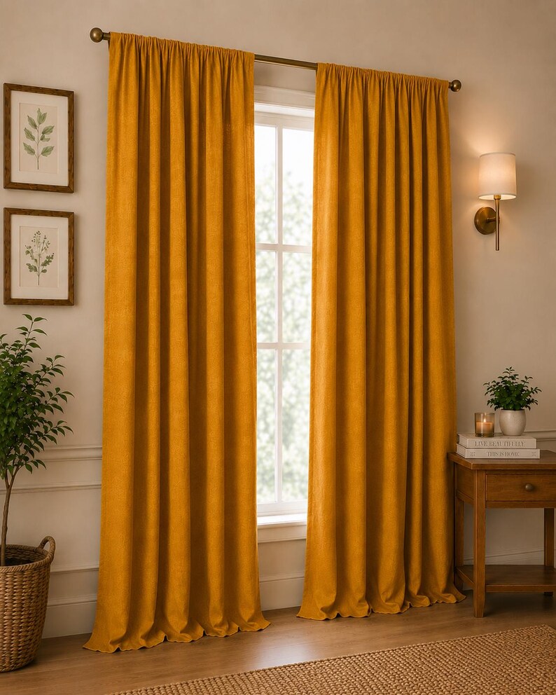 Mustard Yellow Linen Curtain Panel – Farmhouse Window Drapes, Rustic Textured Curtain,Custom Long Curtain, Boho Home Decor Curtain Panel thumbnail 3
