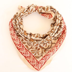 Hand Block Printed Organic Cotton Bandana: Bronze & Red Floral Scarf
